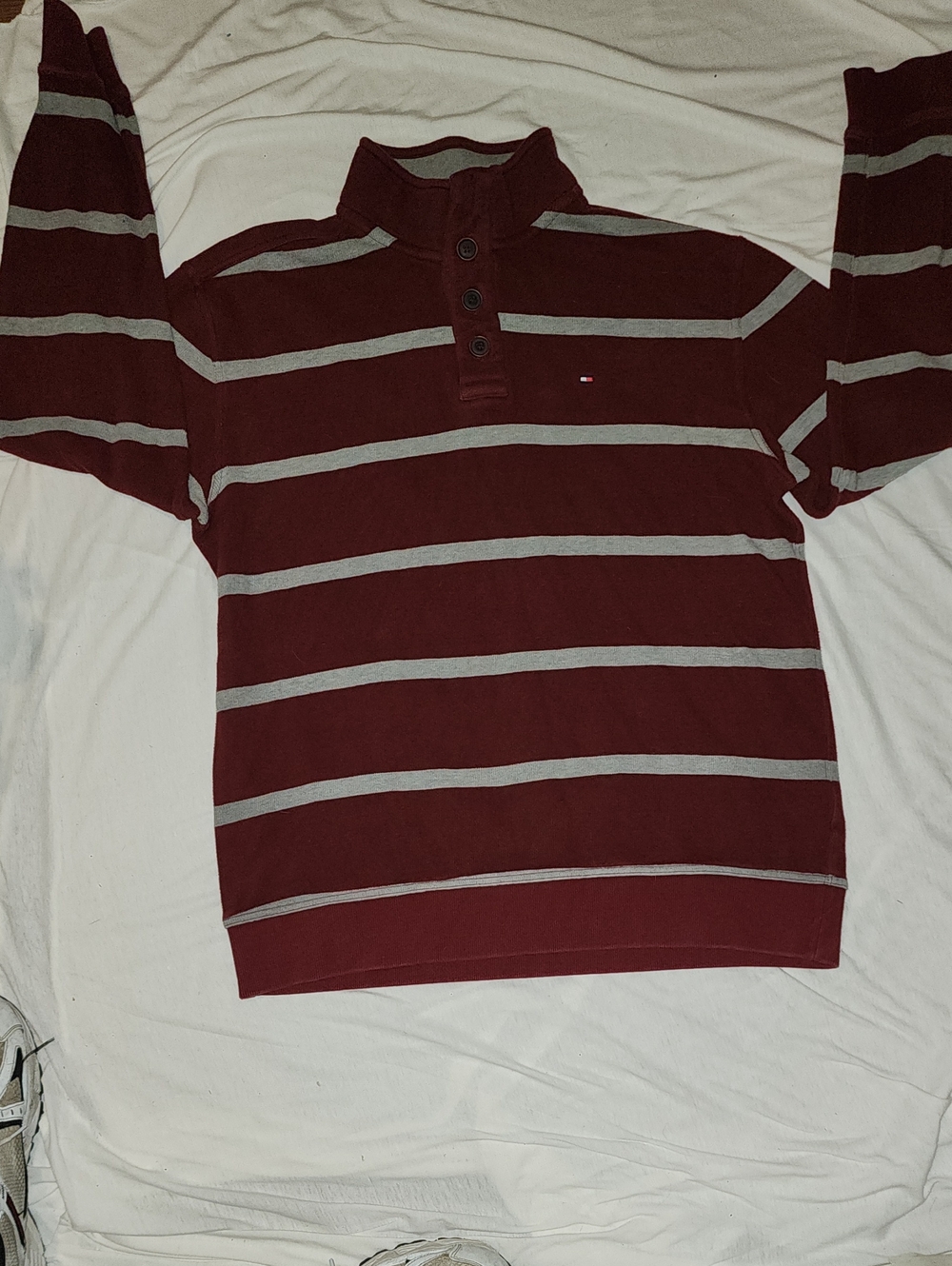 Tommy Hilfiger Men’s Burgundy and Gray Striped Long-Sleeve Polo
